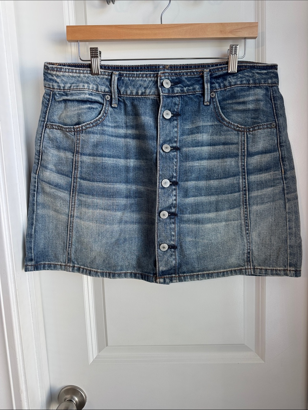 American Eagle Outfitters Blue Denim High Rise A-line Button-Front Mini Skirt 14